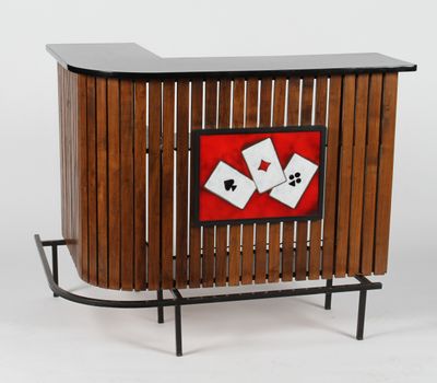 a wooden bar with cards on top of it