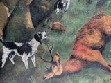a painting of a deer and a dog in a field