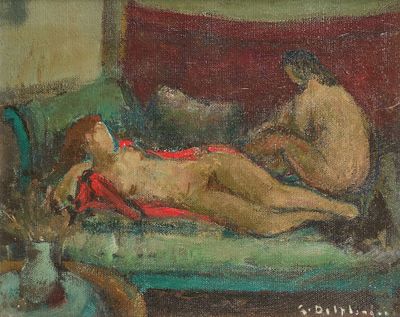 une peinture à l'huile représentant deux nus allongés sur un canapé dans un salon
