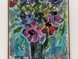 a painting of flowers in a vase on a table