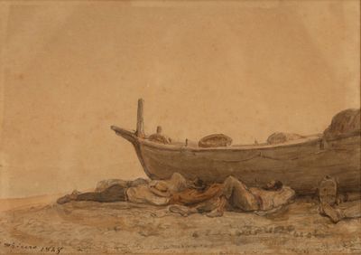 un dessin représentant un bateau posé sur la plage
