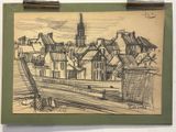 dessin représentant une vue d'une ville avec une église en arrière-plan