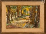 an oil painting of a path through a forest with trees