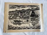 un dessin en noir et blanc représentant des bateaux sur l'eau