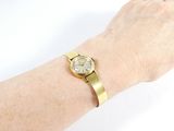 wrist of a woman with a gold watch on it ' s wrist