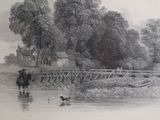drawing of a man on a horse crossing a bridge over a river