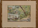 une peinture à l'huile représentant un paysage fluvial avec un pont et des arbres