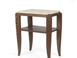 the side table is made of wood and has a marble top