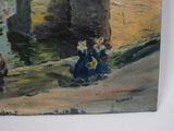 a painting of a woman and a dog by a river
