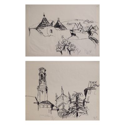 deux dessins représentant des bâtiments et une tour horloge située sur une colline