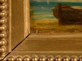 an oil painting of a boat on a beach next to a body of water