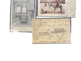 three old postcards of horses and people on a white background