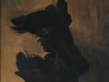 une image représentant un tableau sur lequel figure un oiseau noir suspendu à une corde