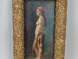 an image of a painting of a woman standing in a gold frame