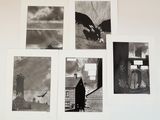 plusieurs photos en noir et blanc d'un homme debout devant un mur