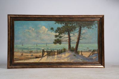 tableau représentant une scène de plage avec un arbre et une clôture au premier plan