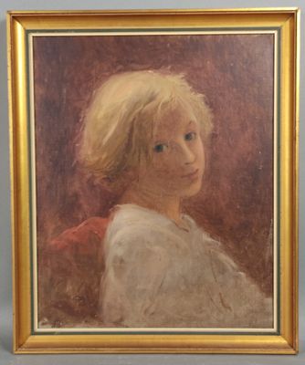 tableau représentant une jeune fille aux cheveux blonds, dans un cadre doré