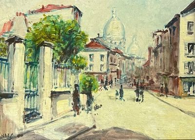 a painting of a city street with people walking on it