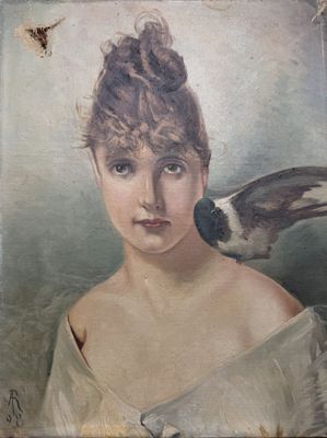 painting of a woman with a bird on her shoulder