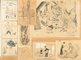 plusieurs dessins représentant des personnes et des animaux sur le mur d'une pièce