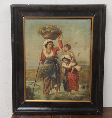 tableau représentant une femme portant un panier de fleurs, accompagnée de deux enfants