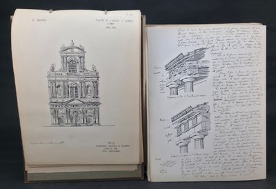 an open book with a drawing of a building and a drawing of a clock tower