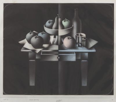 peinture représentant une nature morte composée de pommes, de poires et d'une bouteille posées sur une table