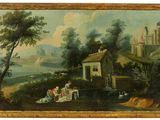 une peinture à l'huile représentant un paysage avec des personnages et une maison