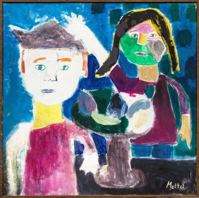 une peinture à l'huile représentant un homme et une femme tenant un chat