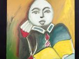un tableau représentant un homme en train de lire un livre, le sourire aux lèvres