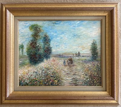 une peinture à l'huile représentant un couple marchant sur un sentier dans un champ