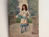 a painting on the wall of a woman with a cane
