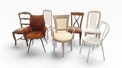 six chairs that are arranged in a circle on a white surface