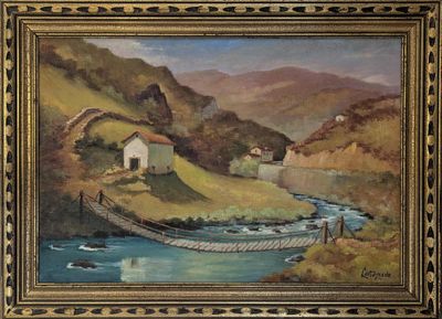une peinture à l'huile représentant un pont enjambant une rivière dans un paysage montagneux