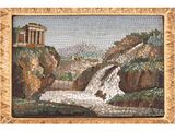 an image of a mosaic painting of a waterfall and a building