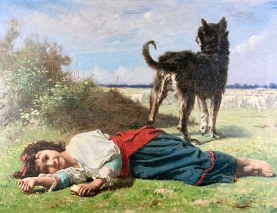 a painting of a woman laying in the grass with a dog