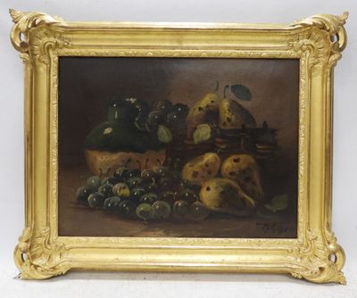 painting of a still life of fruit and a dog with a basket of grapes