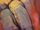 abstract painting of a bird on a yellow and purple background