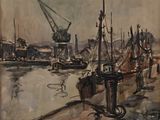 a painting of a harbor scene with boats in the water