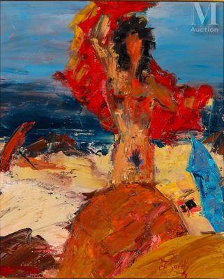 une peinture à l'huile représentant une femme sur la plage avec un parasol rouge