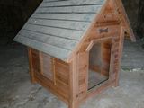une petite niche en bois au milieu d'un sol en béton