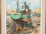 an oil painting of a fishing boat in a harbor with other boats in the background