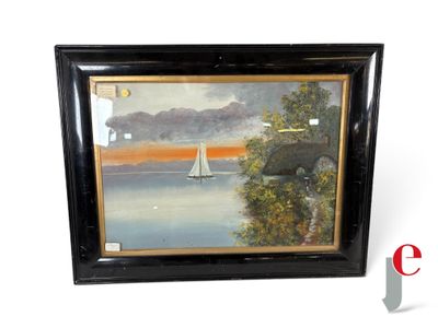 tableau à l'huile encadré représentant un voilier sur un lac au coucher du soleil