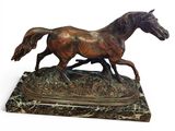 bronze statue of a horse running on a marble base