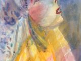 un tableau représentant une femme portant un foulard jaune et un chapeau blanc