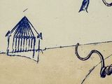 a drawing of a bird flying over a bird cage