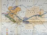 an old map of france with a blue line in the middle of it