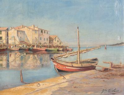 une peinture représentant une scène portuaire avec des bateaux dans l'eau