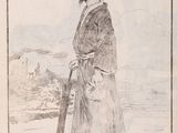 an old drawing of a man with a hat and a cane