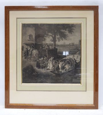 painting of a horse drawn carriage with a group of people in the background